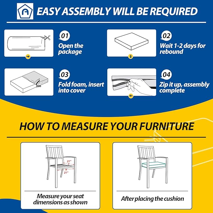 AAAAAcessories Outdoor Seat Cushions for Chairs, Waterproof, Fade-Resistant Patio Furniture Replacement Cushions, 21" x 21" x 4", Set of 2, Turquoise Blue