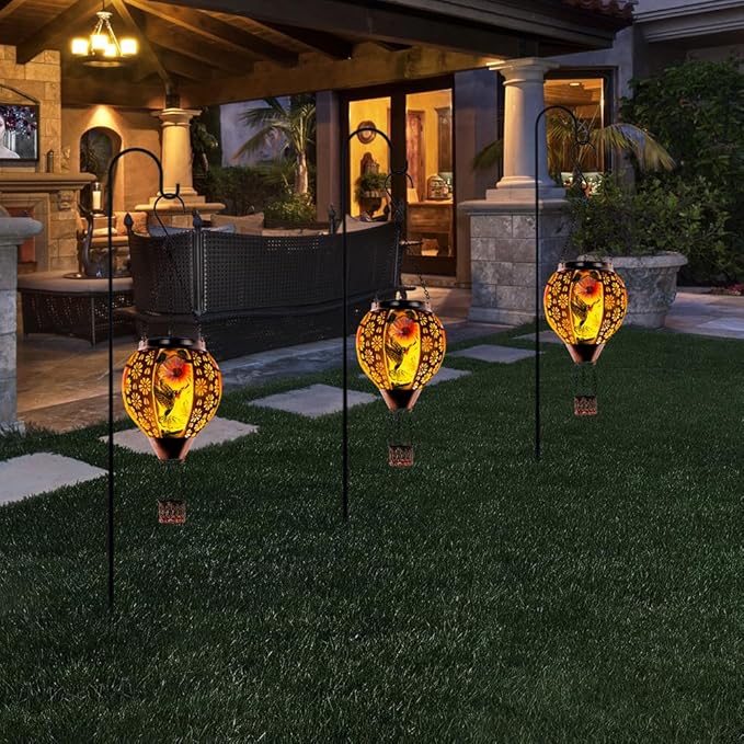 DREAMSOUL Hummingbird Hot Air Balloon Solar Lantern, Metal & Glass Flickering Flame Light Solar Lantern, Hanging Waterproof Solar Lanterns Outdoor for Garden Patio Tree Decoration Christmas Gifts