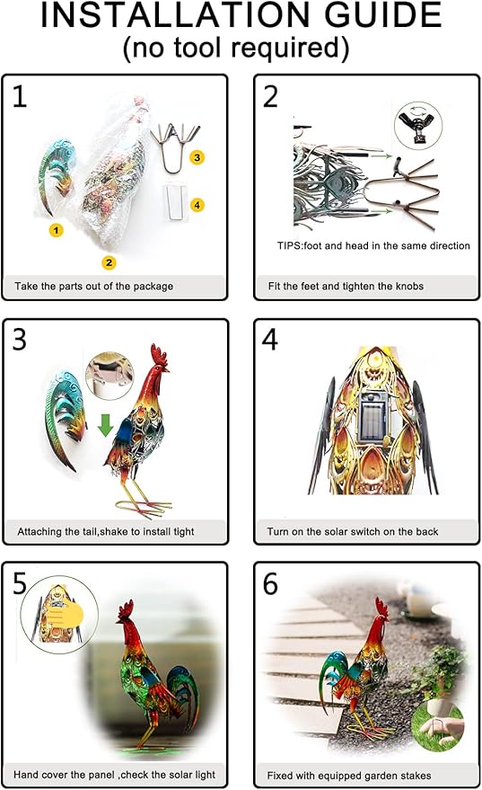 19 Inch Solar Rooster Statue Lights, Metal Yard Art Solar Rooster, Large Rooster Statue Colorful Lights for Garden Lawn Outdoor Decoration Gifts.