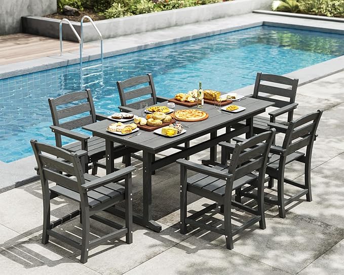 7pcs Outdoor Dining Set, HDPE Patio Dining Set for 6, All-Weather Outdoor Table and Chairs with Umbrella Hole & Adjustable Pads, Modern Patio Furniture Set for Backyard, Poolside &Lawn (Grey)