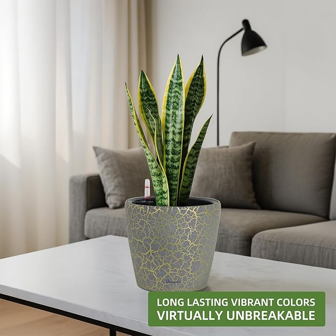 Dexceder 9x8 Inches Self Watering Planter Indoor Outdoor, Inner Pot Design, Thickened Table Flower Plant Pot with Water Level Indicator (Grey Gold Crackle)