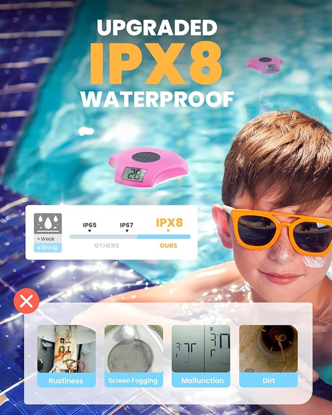 BALDR Pool Thermometer Floating Easy Read, IPX8 Waterproof, Solar Powered Digital Pool Thermometer with LCD Screen,Suitable for Swimming Pool/Hot Tub/Hot Spring/Aquarium (Purple)