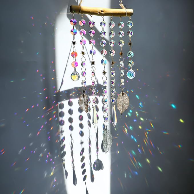 HDCRYSTALGIFTS Hanging Window Suncatcher Rainbow Maker Glass Crystal Mobile Wind Chimes with AB Prisms & Natural Leaf Drops Autumn Home Wall Art Decoration Gift