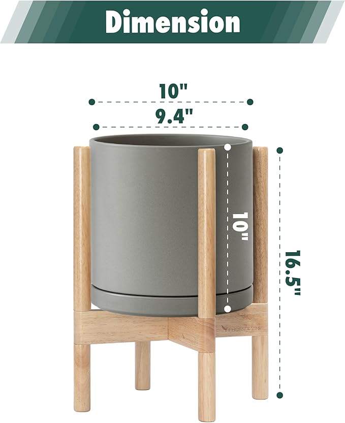 D'vine Dev Ceramic Planter with Natural Stand - 10 Inch Modern Round Flower Pot with Wood Planter Holder, Grey, 55-B-K-3