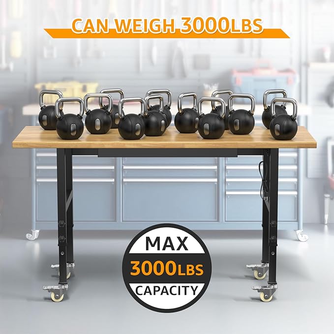 60" Adjustable Workbench,Heavy-Duty Work Table,3000 LBS Load Capacity Hardwood Workstation Outlets with Power Strips, Drawers and Wheels,for Workshop, Garage