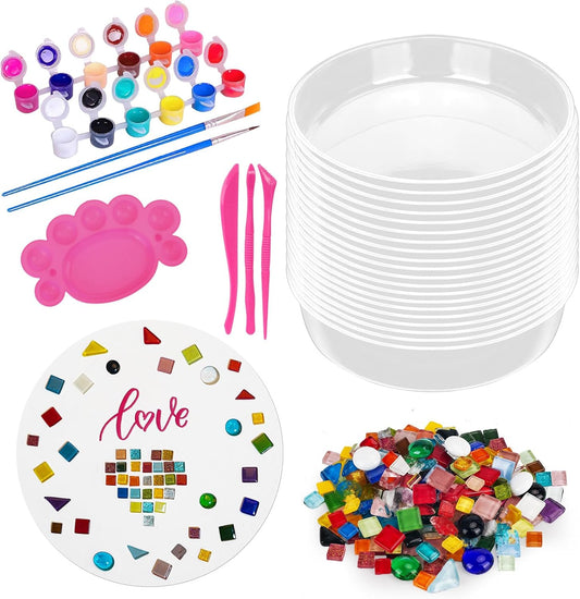 Concrete Stepping Stone Molds,Cement Molds Perfect for Creating Stepping Stones & Garden Markers, Include 300g Mosaic Tiles,Carving Tools and 12 Colors of Acrylic Paint, 10" diam (20pcs)