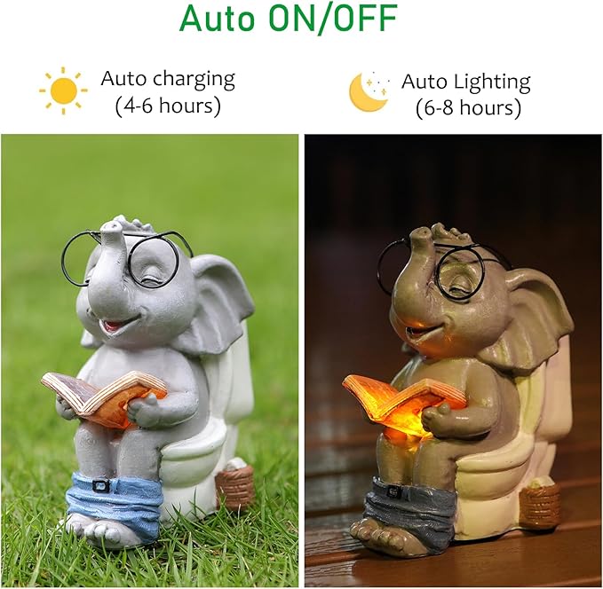 Elephant Statue Solar Outdoor Garden Decor, Funny White Elephant Gifts for Women, Mom, Grandma or Birthdays,Easter Elephant Decor Ornament for Yard Art Balcony Patio Porch Lawn & Home House