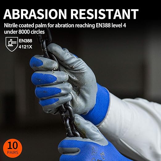 Vgo... 10-Pairs Safety Work Gloves, Gardening Gloves, Non-slip Nitrile coating, Dipping Gloves (Size XL, Blue, NT2110)