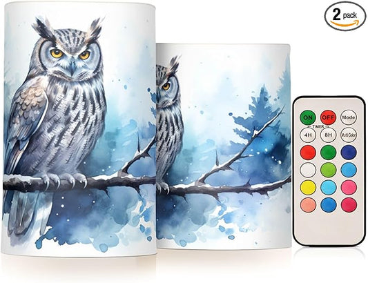 Flickering Flameless Candles, Owl on Tree LED Candles with Remote Timer, Set of 2 Battery Operated Candle for Valentine Wedding Birthday