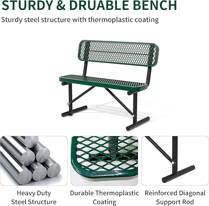 4/6/8 Feet Park Bench for Outside Heavy Duty Metal, Garden Benches Outdoor Bench with Backrest & Portable Frame, for Shopping Malls Stores Parks Patios Decks, Green