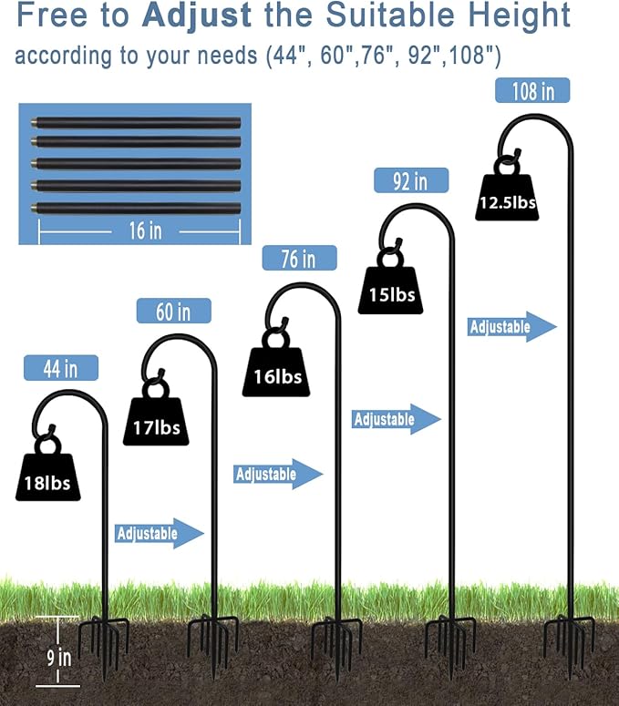 108 inch Outdoor Shepherd Hook with 5 Prong Base (2 Packs), Adjustable Heavy Duty Garden Hanging Stake for Bird Feeder Solar Light Plant Hanger Wedding Decor, Matte Black