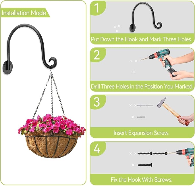 AJART Hanging Plant Hanger Outdoor: Bird Feeder Wall Hooks - 8 Inch Plant Bracket Hook for Hanging Flower Baskets 2 Pieces