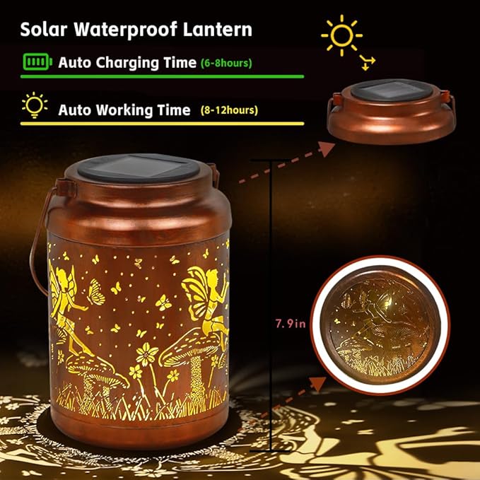 Fairy Solar Lanterns Outdoor Waterproof Hanging Solar Lights Gifts for Women Mom Metal LED Decorative Lantern for Yard Patio Pathway,Porch，Landscape,Lawn Garden Decor for Outside