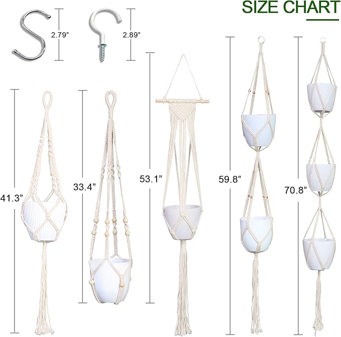 IGaiety Macrame Plant Hanger 5 Pcs Indoor Outdoor Hanging Plant Holders Handmade Plant Hangers Cotton Rope Planters with 5 Pcs Ceiling and S Hooks for Small Plants Pots Boho Home Decor