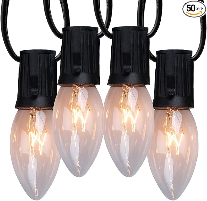 C9 Clear Christmas String Light Set, 50 Feet Vintage Christmas Tree Lights, Outdoor Roofline String Lights with 50 Clear Bulbs for Patio Garden Holiday Indoor Wedding Home Decorating, Black Wire