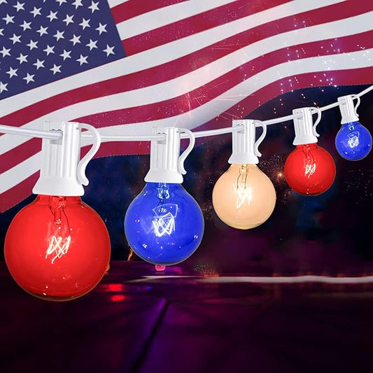 4th of July Decorations String Lights, 25Ft Outdoor Patio String Lights with 27 G40 Red White and Blue Light Bulbs(2 Spare), Multcicolor Christmas Lights for Patriotic Party Garden Festival Decor