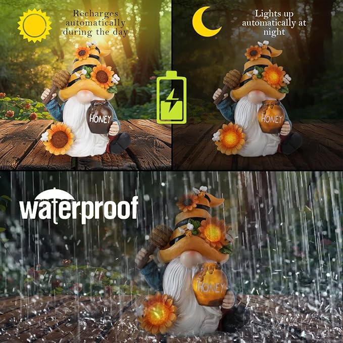 Hodao Spring Resin Garden Bumble Bee Themed Gnome Decorations-Solar-Powered Radiance-Honey Gnomes World Day Gifts Summer Lawn Garden Porch Sculptures & Statues Decorations
