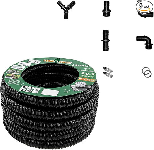 1" Dia. Corrugated Pond Tubing 1-Inch ID, 20.6 FT Length, Black PVC Kinkproof Strong Flex Tubing with Pipe Fittings, Aquarium, Pond Waterfall, Garden Pond Pump Drainage Tube
