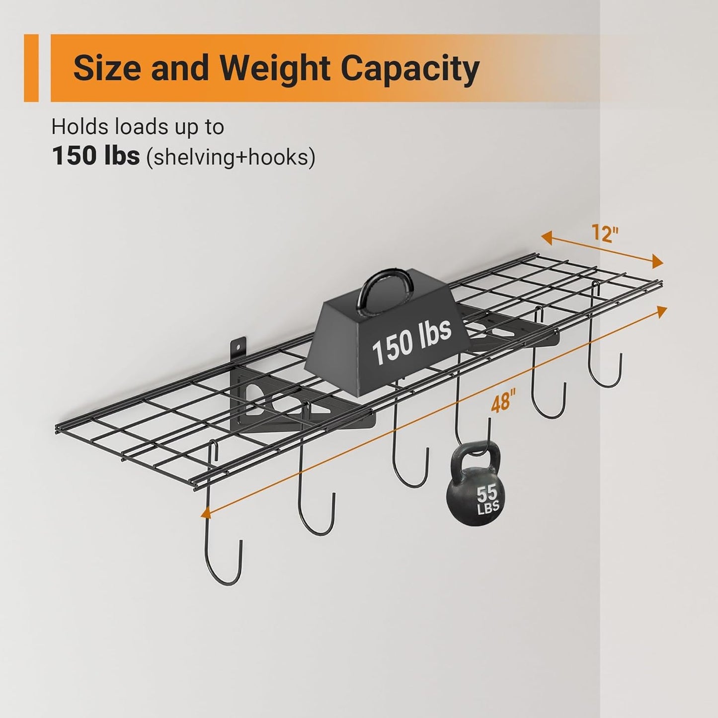 1x4 ft Garage Shelving with 6 Bike Hooks, 1-Pack Wall-Mounted Shelve for Garage, Kitchen, Pantry Storage, 150 lbs Total Load Capacity Wall Shelving, Black