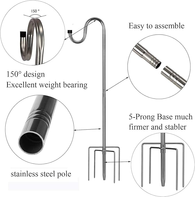 Shepherds Hook for Outdoor, 62 Inch Tall & 5/8 Inch Diameter Stainless Steel Heavy Duty Poles to Hang Outdoor Lights with 5 Prongs Base, Suitable for Bird Feeders or Wedding Decors(1pack)