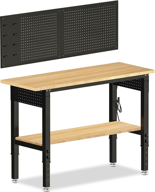 Adjustable Height Work Bench 48×24 Workbench for Garage with Under Table Shelf Heavy Duty Rubber Wood Work Table for Shop Woodworking, Office, Home, Commercial