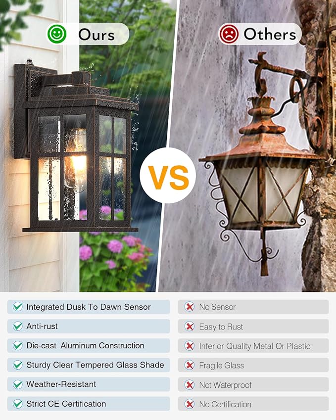 Dusk to Dawn Outside Lights for House, Oil Rubbed Bronze Anti-Rust Aluminum Exterior Lighting Fixtures, Easy-to-Install Waterproof Modern Outdoor Wall Light for Porch, Garage, Front Door