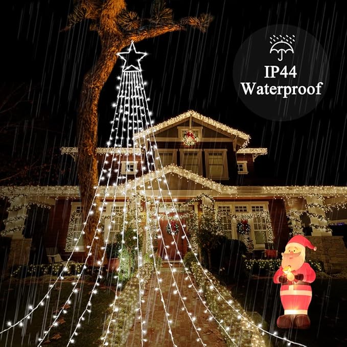 Christmas Decoration Lights, Outdoor Christmas String Lights 320 LED 11.5 Ft Waterfall Tree Lights with Big Star Topper 8 Light Modes for Christmas New Year Holiday Garden Yard Indoor Outdoor Decor