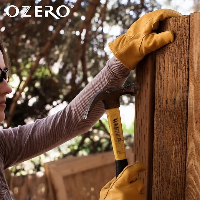 OZERO Flex Grip Leather Work Gloves Stretchable Wrist Tough Cowhide Working Glove 1 Pair (Gold, Large)