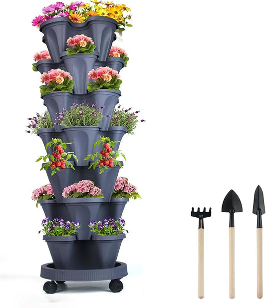 Vertical Planter 7 Tier Stackable Planters Garden Planters Strawberry Herb Flower and Vegetable Planter Indoor Outdoor Gardening Pots with Removable Wheels and Tools