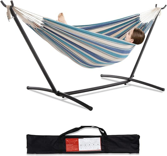 PNAEUT Double Hammocks with Stand for Outside, Portable Space Saving Heavy-Duty Steel Stand for Indoor Outdoor Patio with Carrying Bag, 450 lbs Capacity (Lightblue)