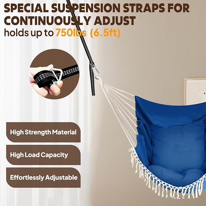 Chihee Hammock Chair Hanging Swing 2 Pillows Included,Strong Webbing Straps and Hooks for Easy Hanging Soft Cotton Hanging Chair Side Pocket Tassel Chair Comfort Indoor Outdoor Royal Blue