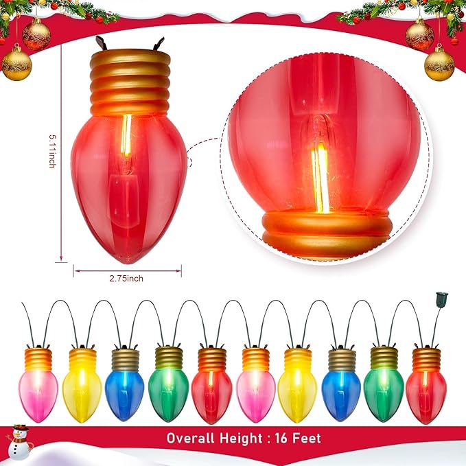 Outdoor Christmas Decorations Lights, 16Ft Jumbo Xmas String Lights with 10 5'' LED Large Multicolor Bulb Christmas Roof Hanging Lights for Outdoor Patio Eave Xmas Tree Garden Holiday Pathway Decor