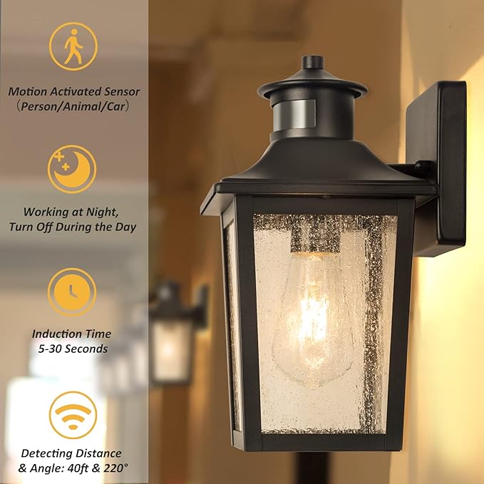 2 Packs Motion Sensor Outdoor Wall Lights - Black Dusk to Dawn Outdoor Lighting, LED Waterproof Exterior Garage Light Fixture, Modern Porch Light Outside Wall Mount for Front Door, House, Anti-Rust