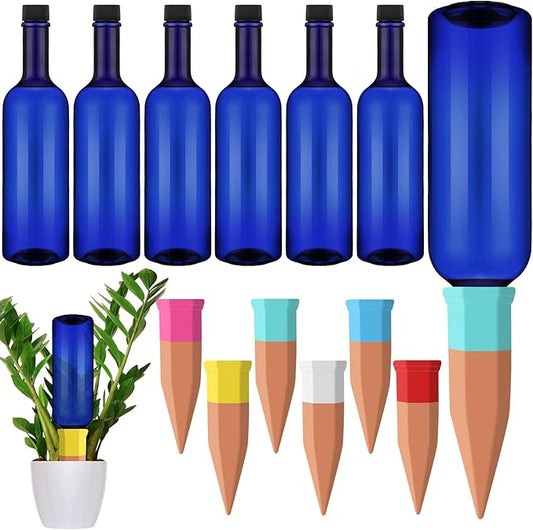 6 Sets Plant Watering Devices Include Terracotta Self Watering Spikes and 26 oz Plastic Bottles, Slow Release Vacation Insert Automatic Plant Waterer Device (Blue and Mixed Color)
