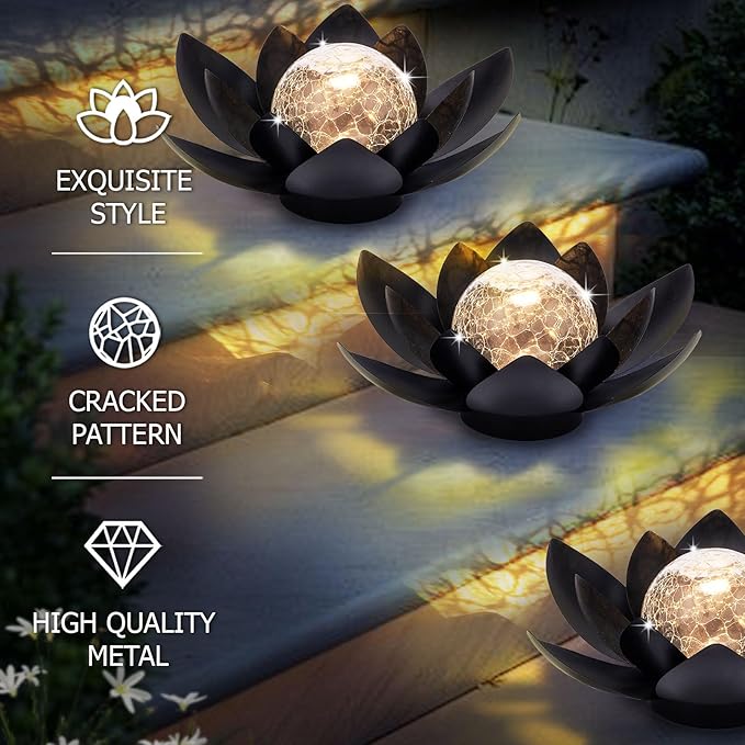 Huaxu Solar Lights Outdoor Garden Decor Metal Black Lotus Decoration, Crackle Globe Glass Waterproof LED Outside Table Lamp for Patio,Lawn, Yard,Walkway,Tabletop,Ground Gifts for Mom