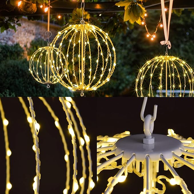 Christmas Ball Sphere, 12IN 96LED Hanging Tree and Pathway Lights With Hook and Stake, Foldable Metal Frame Ball for Outdoor Garden, UL Listed, Brown Frame, Warm White
