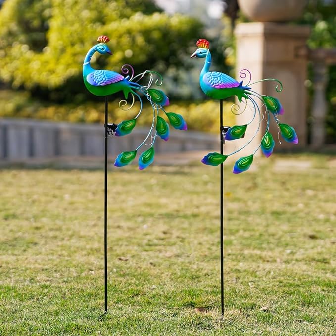 DREAMSOUL 2 Pack Peacock Solar Lights Outdoor Waterproof, Metal Outdoor Solar Lights for Yard Garden Peacock Decor