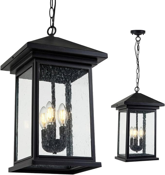 Classic Outdoor Hanging Lantern – Weather-Resistant, Stylish, Matte Black Finish, Clear Seeded Glass and Functional, Extra Large Size