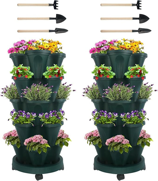 Vertical Planter 5 Tier Stackable Planters Garden Planters Strawberry Herb Flower and Vegetable Planter Indoor Outdoor Gardening Pots with Removable Wheels and Tools 2-Pack
