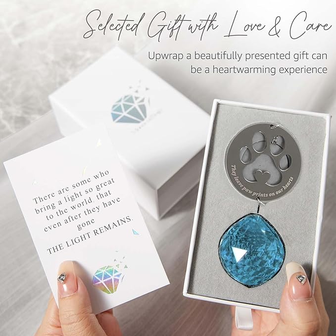 Dog Memorial Gifts, Unique Loss of Pet Sympathy Idea, Sky Blue Crystal Ball Rainbow Suncatcher with Paw Print for Cat or Dog Remembrance and Bereavement