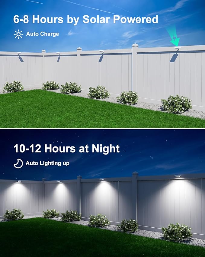 8 Pack White Solar Powered Gutter Lights Outdoor Decorative Waterproof 12 LEDs Yard Lamp for Lighting Fence, Railing, Outside Wall, Deck, Garden, Path, Backyard, Walkway, Patio, Holeless Installation