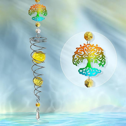 FONMY Tree of Life Gazing Ball Spiral Wind Spinner Sun Catcher Rainbow Maker Silver Spiral W/Golden K9 Crystal Ball Tree Hanging Ornament Indoor Outdoor Garden Decor. 19.5inch H
