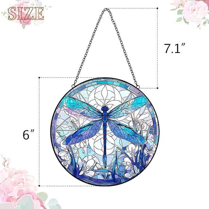 Dragonfly Decor Suncatcher Stained Glass Window Hanging - Handmade Artistic Suncatchers for Windows Hanging - Wall Home Decor Suncatcher with Metal Chain and Hook Gift for Women Mom Home Porch Garden