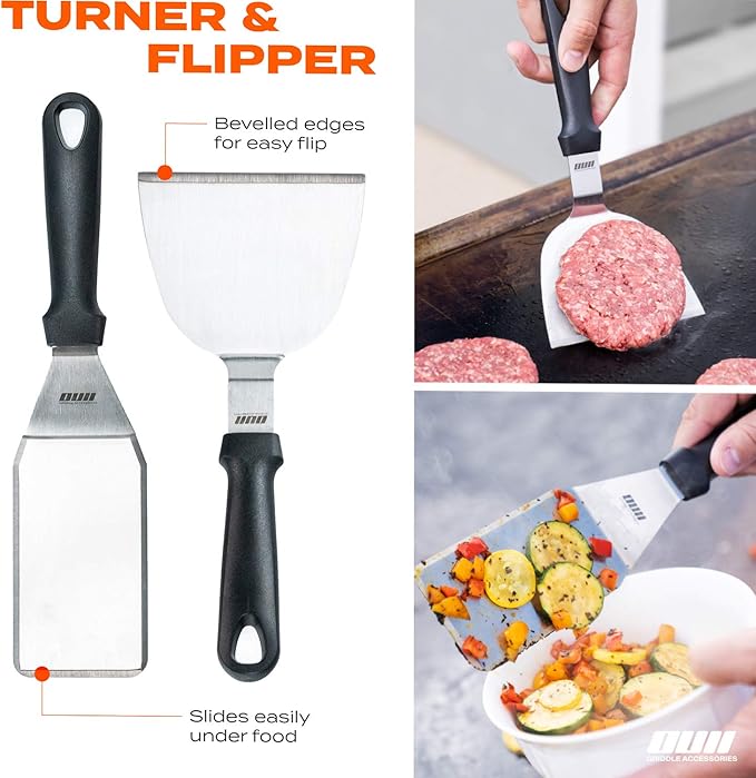 Flat Top Griddle Accessories Set for Blackstone and Camp Chef Griddle - 14 Pieces Set with Griddle Cleaning Kit & Carry Bag! Metal Spatula, Griddle Scraper, Egg Rings for Teppanyaki & Gas Grill