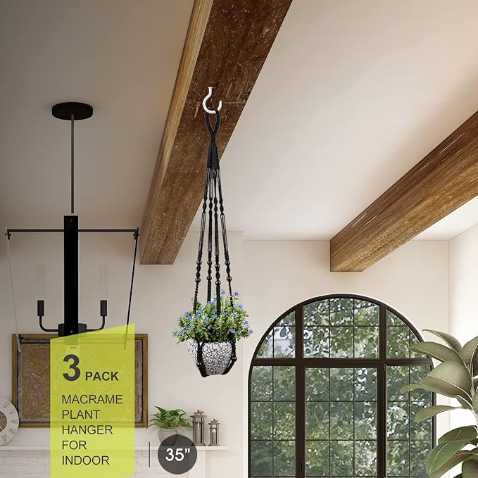 RIFNY Macrame Plant Hanger for 5 to 10 Inch Plant Pots, 35 Inch Indoor Handmade Woven Rope Hanger Kits with Hooks and Wood Beads, Hanging Planter Basket Holder for Boho Home Decor (Black, 3 Pack)