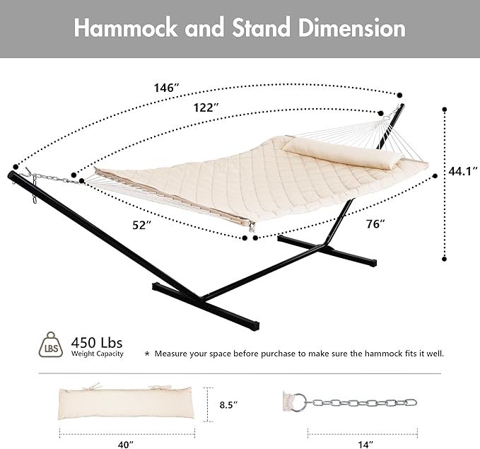 ANOW Heavy Duty Hammock with 12FT Steel Stand Included, Rope Hammock with Detachable Pillow and Pad, 450 LBS Weight Capacity, Cream
