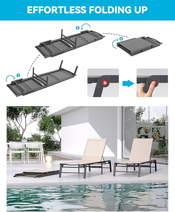 Aluminum Chaise Lounge Chair Outdoor, Foldable Patio Lounge Chair 2 Sets Assemble-Free, Pool Lounge Chairs with 5 Adjustable Backrest, Outdoor Lounge Chairs for Outside Poolside Beach Lawn Beige