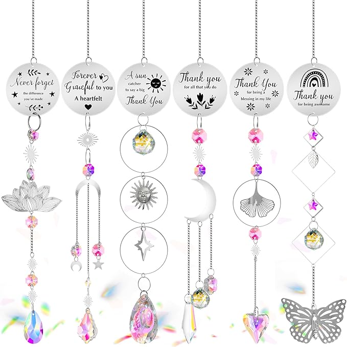 6 Pcs Thank You Gifts for Women Crystal Suncatcher Thank You with Engraved Message Hanging Sun Catcher Ornament for Windows Friend Teacher Coworkers Appreciation Christmas Gratitude Gift