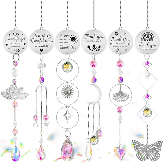 6 Pcs Thank You Gifts for Women Crystal Suncatcher Thank You with Engraved Message Hanging Sun Catcher Ornament for Windows Friend Teacher Coworkers Appreciation Christmas Gratitude Gift
