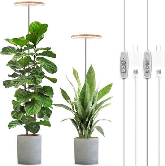 LORDEM Bamboo Grow Light for Indoor Plants, Full Spectrum LED Plant Grow Light, Height Adjustable Growing Lamp with Auto Timer 4H/8H/12H, 4 Dimmable Levels, Ideal for Large Tall Plants, 2 Pack